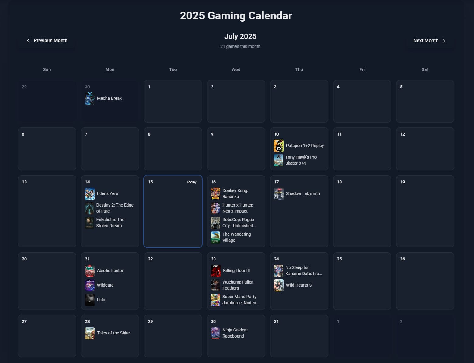 Gaming Calendar